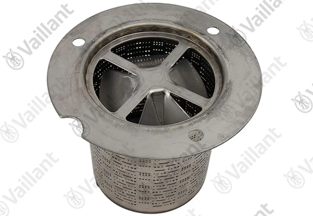 Vaillant Produkt, rundes Metallteil mit perforiertem Zylinder und einem zentralen Lüfterrad, vermutlich ein Teil eines Heizsystems zur Luft- oder Wasserzirkulation.